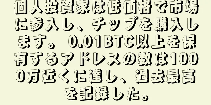 個人投資家は低価格で市場に参入し、チップを購入します。 0.01BTC以上を保有するアドレスの数は1000万近くに達し、過去最高を記録した。