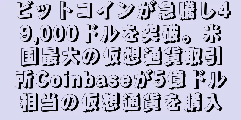 ビットコインが急騰し49,000ドルを突破。米国最大の仮想通貨取引所Coinbaseが5億ドル相当の仮想通貨を購入