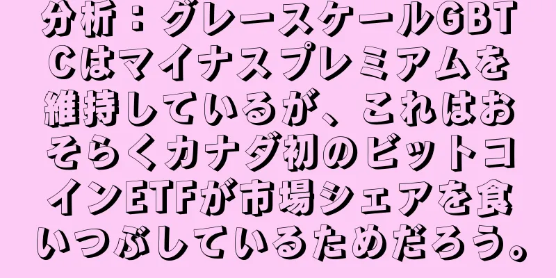 分析：グレースケールGBTCはマイナスプレミアムを維持しているが、これはおそらくカナダ初のビットコインETFが市場シェアを食いつぶしているためだろう。