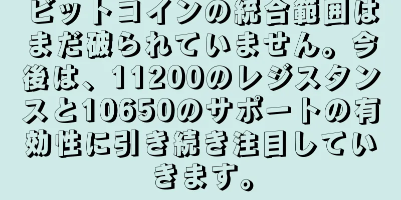 ビットコインの統合範囲はまだ破られていません。今後は、11200のレジスタンスと10650のサポートの有効性に引き続き注目していきます。