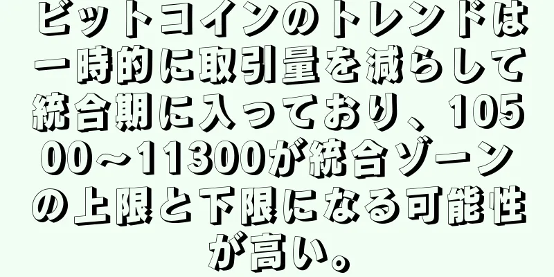 ビットコインのトレンドは一時的に取引量を減らして統合期に入っており、10500～11300が統合ゾーンの上限と下限になる可能性が高い。