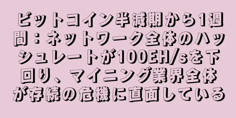 ビットコイン半減期から1週間：ネットワーク全体のハッシュレートが100EH/sを下回り、マイニング業界全体が存続の危機に直面している
