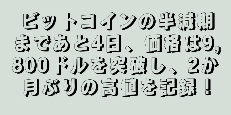 ビットコインの半減期まであと4日、価格は9,800ドルを突破し、2か月ぶりの高値を記録！