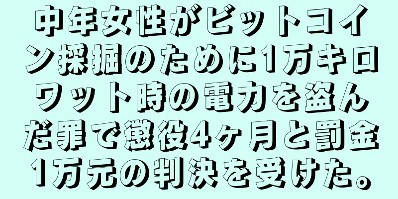 中年女性がビットコイン採掘のために1万キロワット時の電力を盗んだ罪で懲役4ヶ月と罰金1万元の判決を受けた。