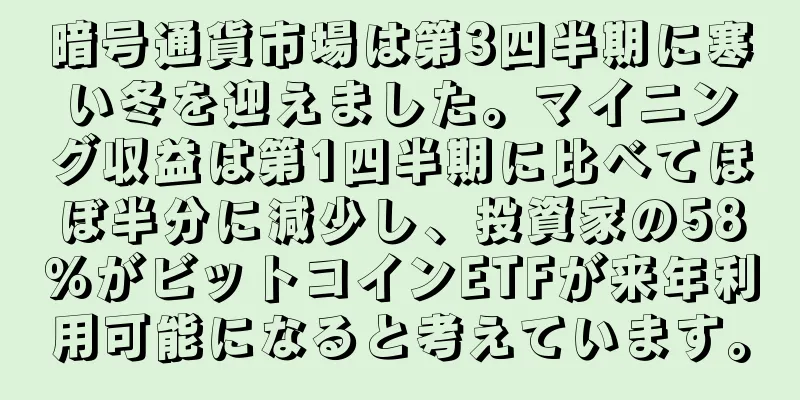 暗号通貨市場は第3四半期に寒い冬を迎えました。マイニング収益は第1四半期に比べてほぼ半分に減少し、投資家の58％がビットコインETFが来年利用可能になると考えています。